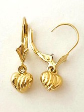 14K Solid Yellow Gold 3D Heart Dangle Earring. W: 7 mm L: 23 mm E2215-10