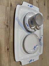 Hitit Seramik Tray with 1 Cup 2 Saucers Sets 4 Pieces White Blue Floral