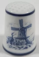Vintage Porcelain Royal Mosa Dutch Thimble Cobalt Blue Windmills/Flowers 