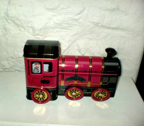 RED EXPRESS FLYER 421  STEAM  TRAIN - 2 COMPARTMENT COOKIE TIN - MOVEABLE WHEELS - Picture 1 of 10