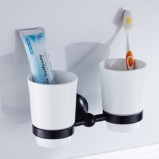 Oil Rubbed Bronze Wall Mounted Toothbrush Holder with Dual Ceramic Cups ezh113