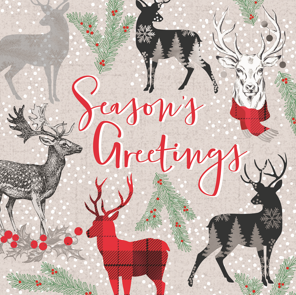 Season's Greetings Tartan Stags Foiled Christmas Card Xmas Greeting Cards