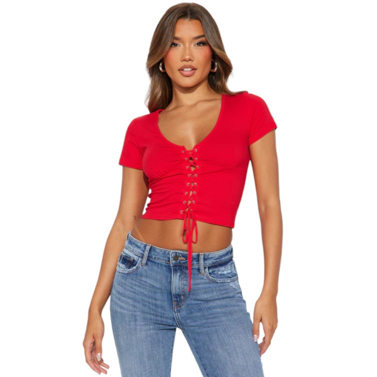 Lilly Lace Up Short Sleeve Top Shirt Red Women's Size Small | eBay