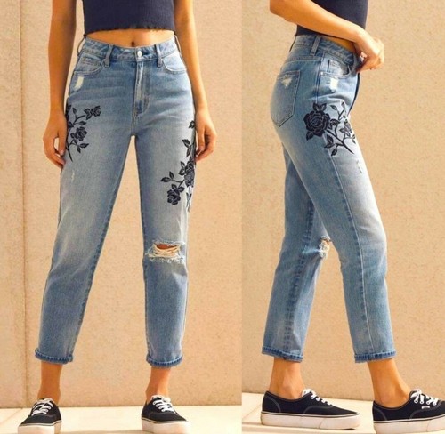 Pacsun Embroidered Black Rose Mom Jeans 