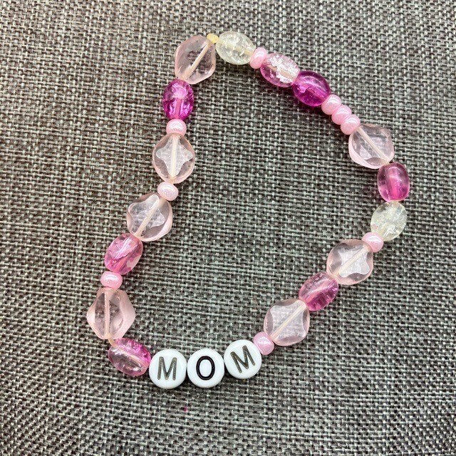 MOM Beaded Stretch Bracelet 6 In Pink Clear Handmade White Black Mothers Day