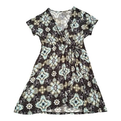 Just Be Dress Womens Plus 1X Faux Wrap Surplice Short Sleeve Medallion Tie Waist