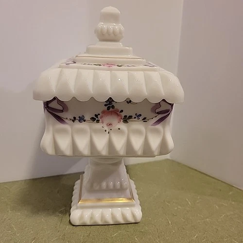 Westmoreland Milk Glass Floral Painted Pedestal Candy Wedding Box Vintage