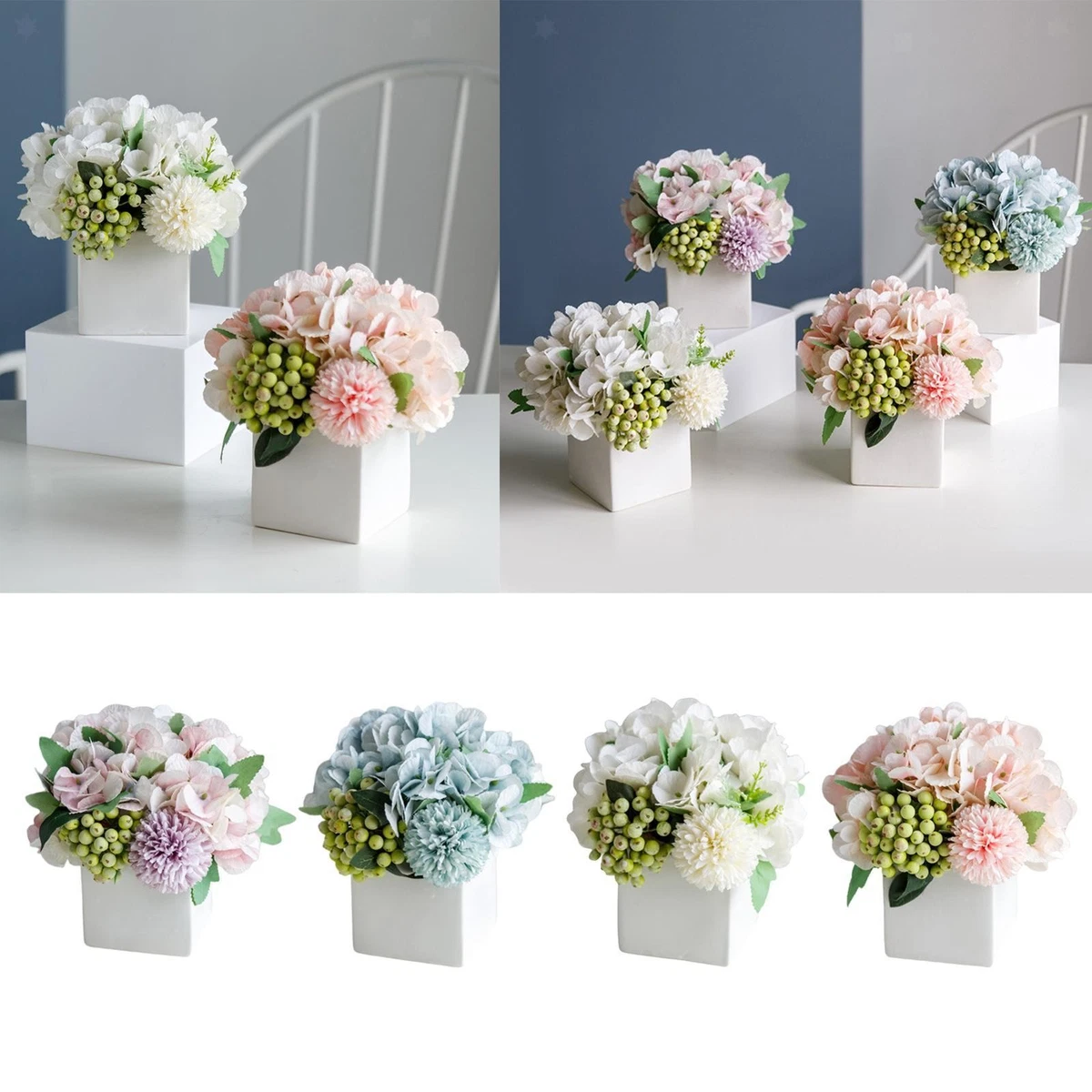 Ortensie Finte In Vaso Di Vetro Con Fiori In Seta - Bouquet Artificiale Blu E Bianco, Centrotavola Per Matrimoni E Casa, Altezza 30 Cm