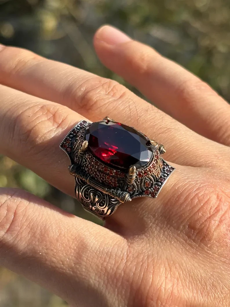 925 Sterling Silver Men Ring Simulated Ruby Stone Turkish Handmade Ottoman Style