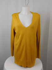 Suéter túnica suéter amarillo mostaza con cuello en V azul marino antiguo, grande
