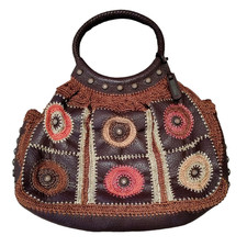 Isabella Fiore Handbag Leather Brown Multi-Color Jeweled Embroidered Crocheted