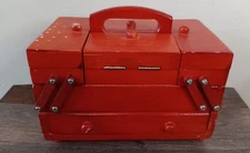 Vintage Red Wooden Cantilever Accordin Caddy Sewing Box