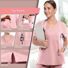 V-Neck Women Nurse Uniform Suit Cool Stretch Women Medical Scrub Top  Pant Pink