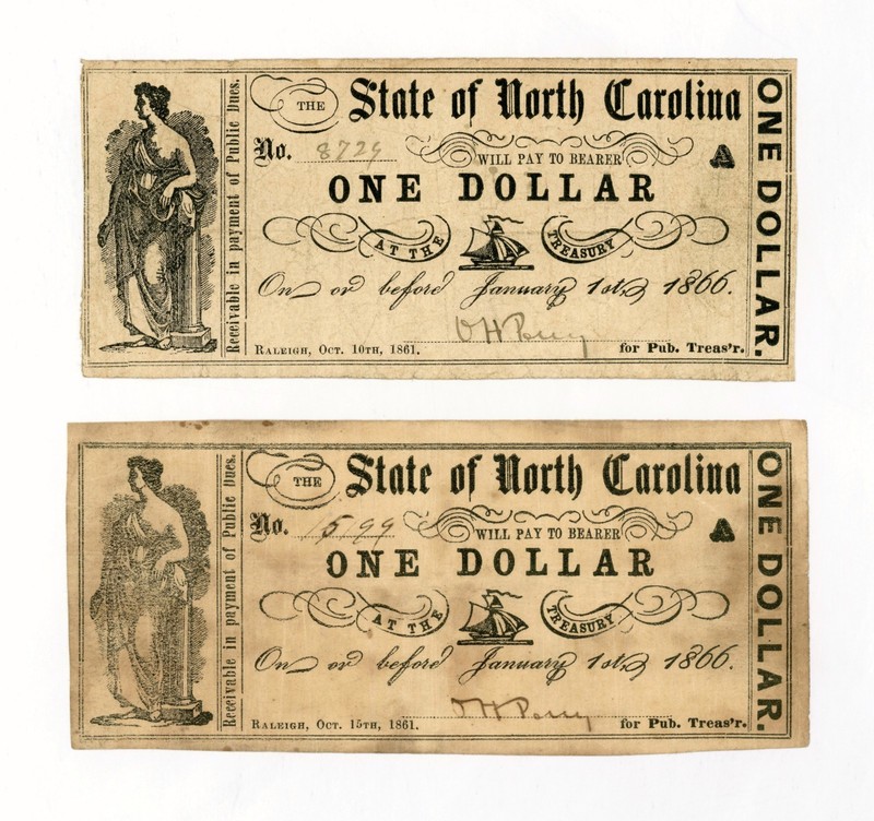 (Pair) 1861 $1 The State of NORTH CAROLINA Notes - CIVIL WAR Era