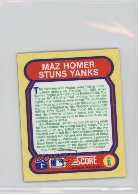 1988 Score Do You Remember? Inserts Bill Mazeroski #33 HOF - Image 2 of 2