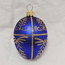 Poland Mouth Blown Glass Hand Painted Blue/Gold Egg Christmas Ornament