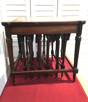 RARE. SET 3 Antique Drop Leaf Nesting TABLES Hung Under Larger Table Folding End