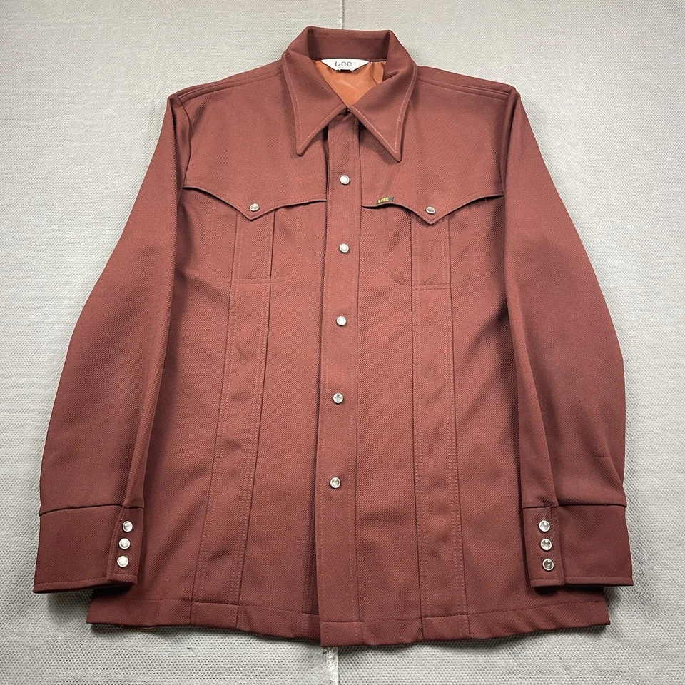 Camisa Lee De Colección Para Hombres Grande* Marrón Óxido MR Perla Snap EE. UU. 70 Vaquero Retro Foto 4 de 4