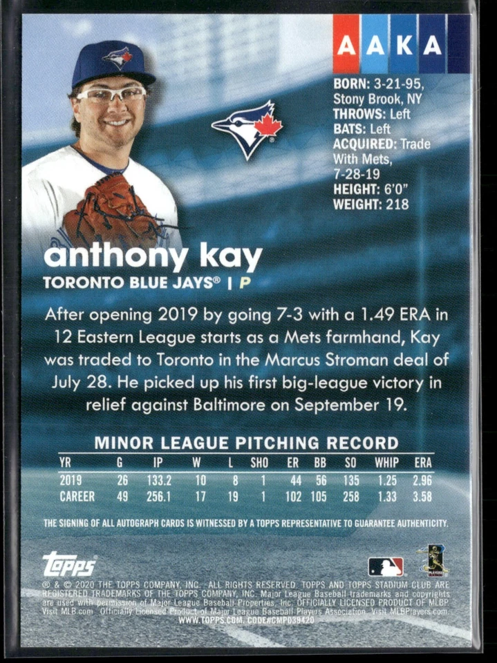 2020 Topps Stadium Club Anthony Kay #AAKA RC Auto Blue Jays - Image 2 of 2