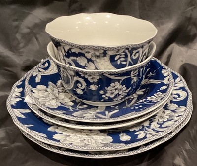 6 PCS 222 FIFTH DARK BLUE ADELAIDE 2 DINNER 2 SALAD 2 COUPE SOUP BOWL UNUSED
