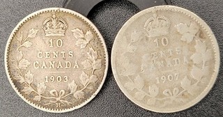 Set of (2) Canadian Silver Dimes 1903 & 1907 10c King George