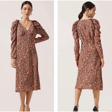 ASTR The Label Floral Ruched Midi Dress Black Red Multi Size L