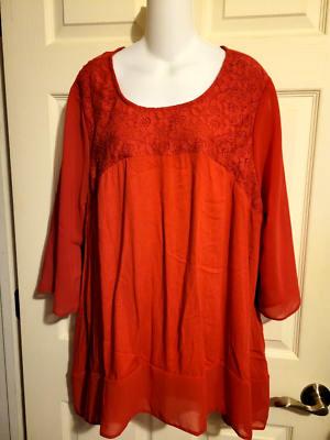 ROMANS 3/4 SLEEVE SHEER TOP RED PLUS SIZE 20W -NEW UK