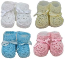 Crochet Baby Booties Ribbon Newborn Pink White Blue Unisex Size 0-3 Months Crib