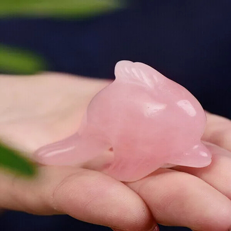 Natural Rose Quartz Crystal Carved Dolphin Healing Stone Porpoise Figurine Craft