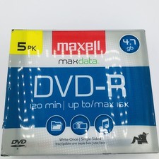 DVD-R 5pk Maxell Max Data Write-Once 4.7GB 120 Minute Max 16X Disc Case