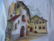 VTG Lehner Cotton Handkerchief Hanky Rolled Edge Town Door Switzerland Village