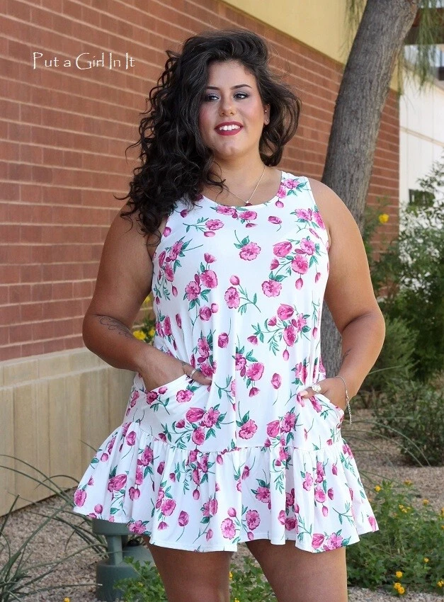 New PLUS SIZE Womens WHITE FLORAL FLOUNCE SLEEVELESS TANK DRESS POCKETS 1X  2X 3X