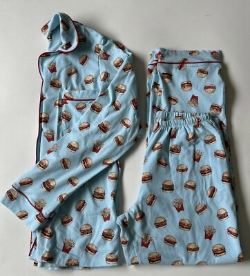 Bed Head Blue Pajama Set Womens Sz S Hamburger Fries Organic Cotton Lounge Wear