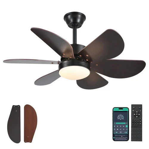 36" Black Outdoor Ceiling Fan with Lights, Remote, 6 Reversible Wood Blades -...