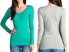 BASIC LONG SLEEVE T-Shirt Round-Neck SOLID Cotton Stretch Tight Thin Plus S 3XL