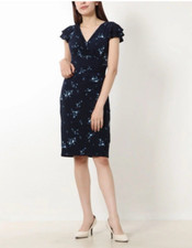 Ralph Lauren Women's 10 Navy Blue White Floral Faux Wrap Flutter Sleeve Dress