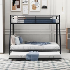 Metal Bunk Beds w/ Trundle Twin Over Full Kid Teens Adult Dorm Bedroom Furniture