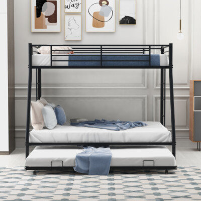 Metal Bunk Beds w/ Trundle Twin Over Full Kid Teens Adult Dorm Bedroom Furniture
