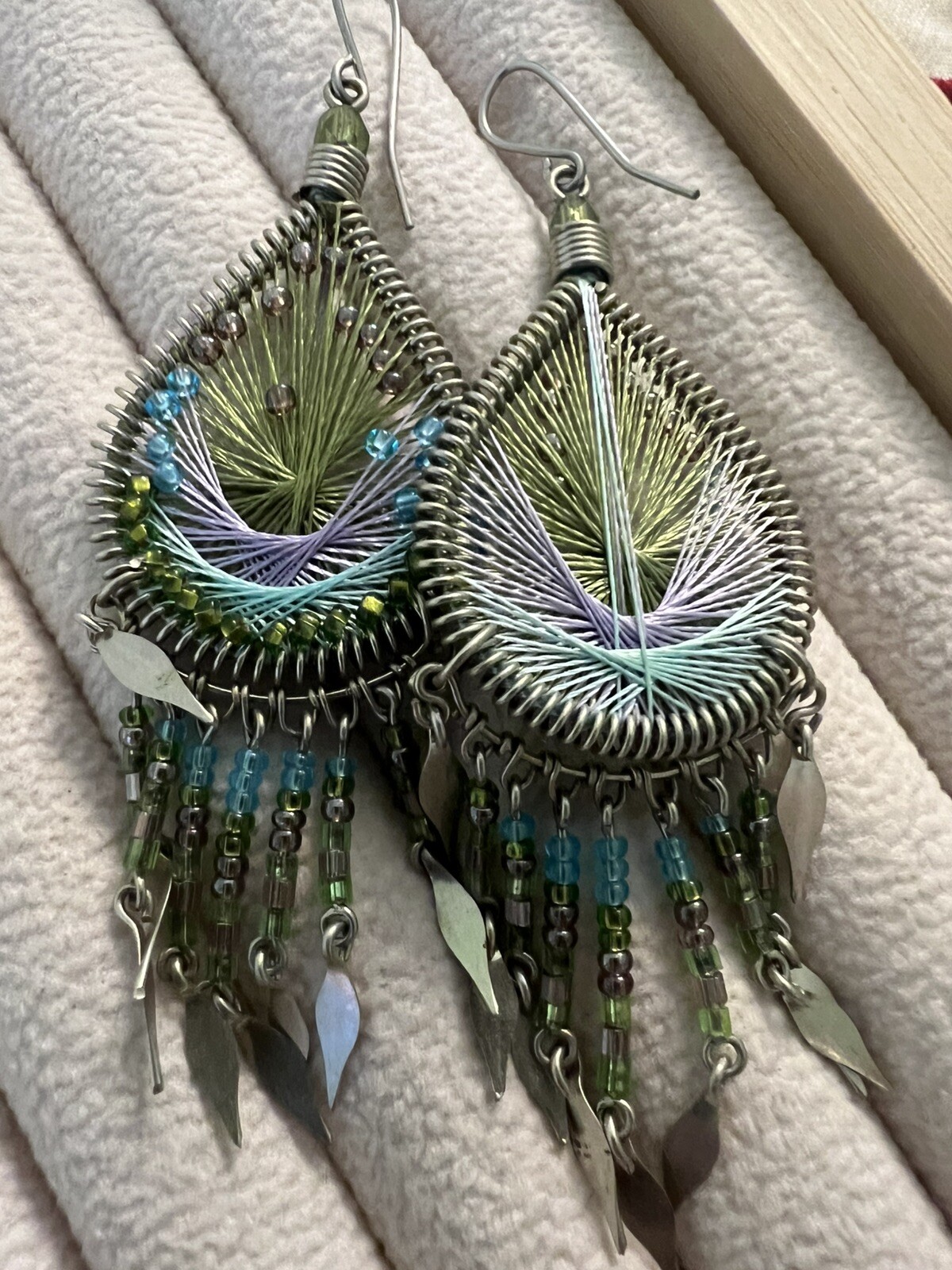 Unique threaded weaved and beaded dangle  Earring… - image 1