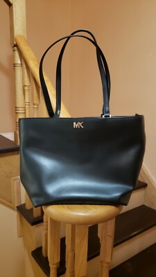 Michael Kors ''MK'' Gold Zipper Travel Mott Tote Handbag Black Leather Monogram