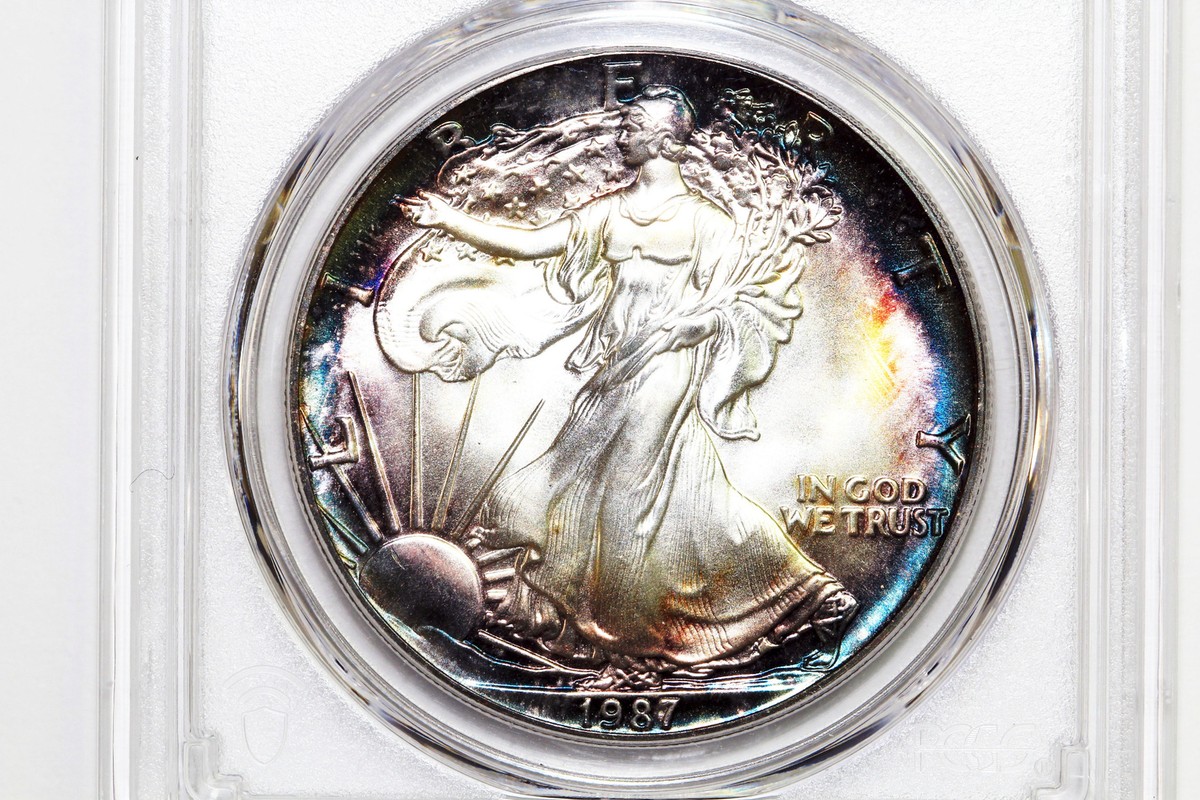 1987 Rainbow Toned American $1 Silver Eagle 1 oz. Fine 999 PCGS