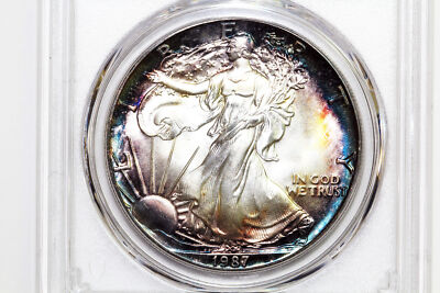 1987 Rainbow Toned American $1 Silver Eagle 1 oz. Fine 999 PCGS