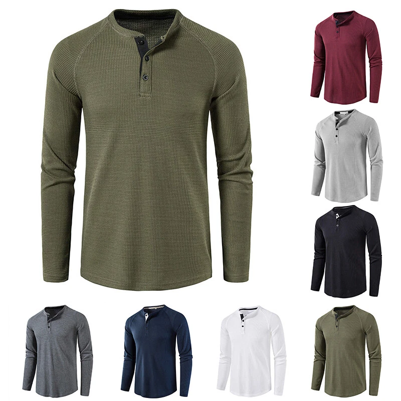 Mens Plain T-Shirt Long Sleeve Top Thermal Henley Jumper Cotton Rich Waffle  Knit