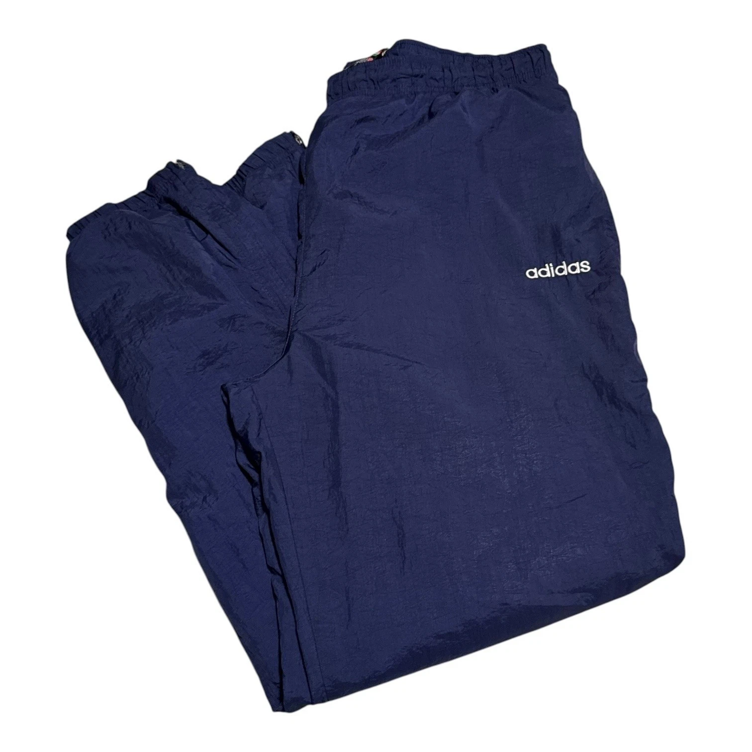 Vintage 90s Adidas Navy Blue Lined Logo Nylon Track Pants Men's 2XL