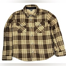 EDDIE BAUER Boys Sherpa Lined Plaid Fleece Shacket L Brown Cream Cozy Fall Warm