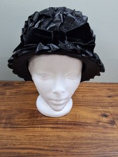 Vtg Women's Union Made in USA Black Straw Hat w/ Velvet Bow 1930-1950 EX 459585