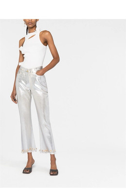 Jacquemus Metallic Silver High-Rise Cropped Straight-Leg Jeans Frayed Hem