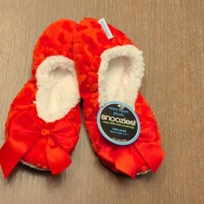 snoozies Girls Heart Bow Plush Slippers Red White Non-Slip Ballet