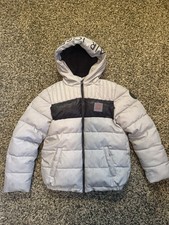 Nike Air Jordan Flight Boys Size L Full Zip Puffer Faux Fur Jacket Gray Blk Used