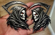 Fierce Grim Reaper Emblem Set Mirrored Pair Car Truck Fender Badge 3d Texture